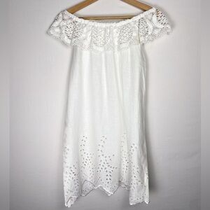 Ersilia Sz. S 100% linen handmade off the shoulder white lace and crochet dress